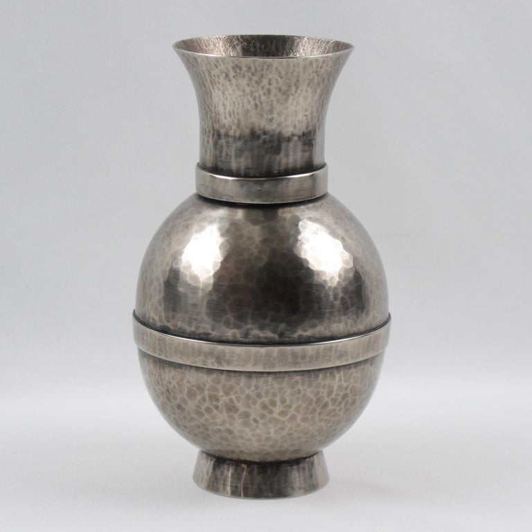 Chase Art Deco Hammered Silvered Copper Vase For Sale at 1stdibs