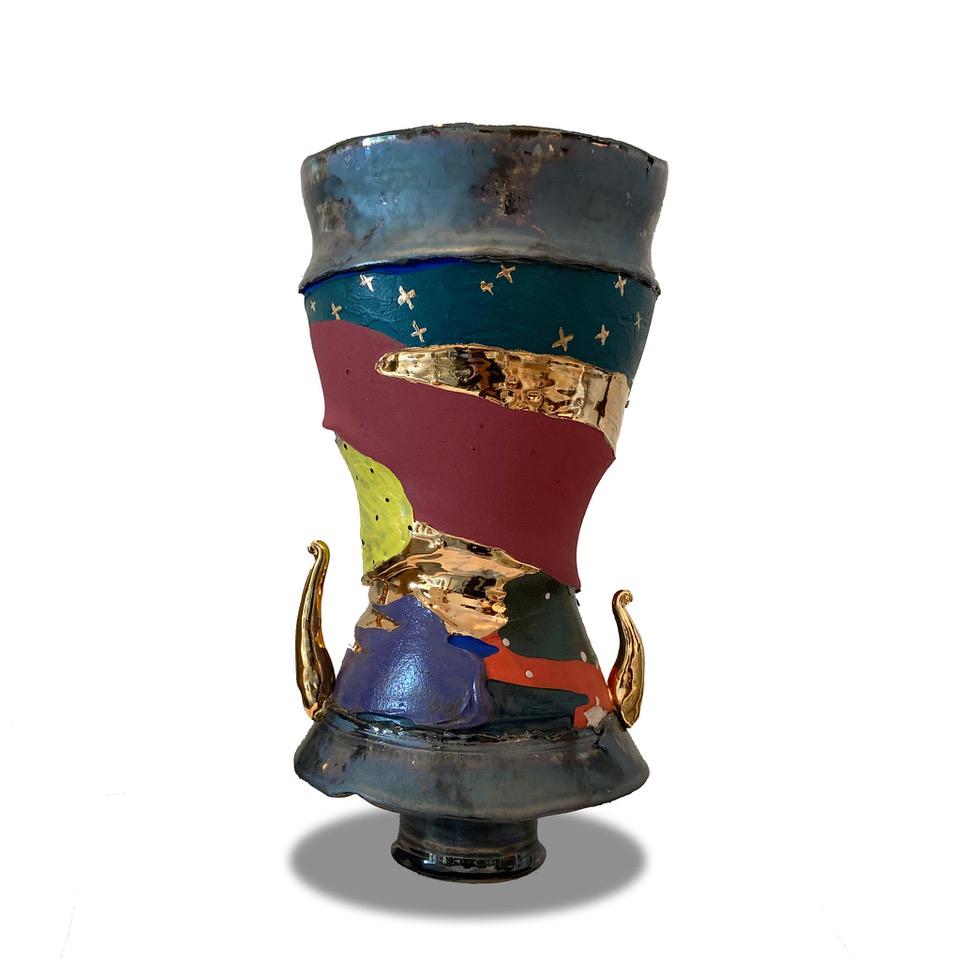 Gilt Chase Gamblin 24K Gold Fire Glaze Starry Night Porcelain Urn Vase