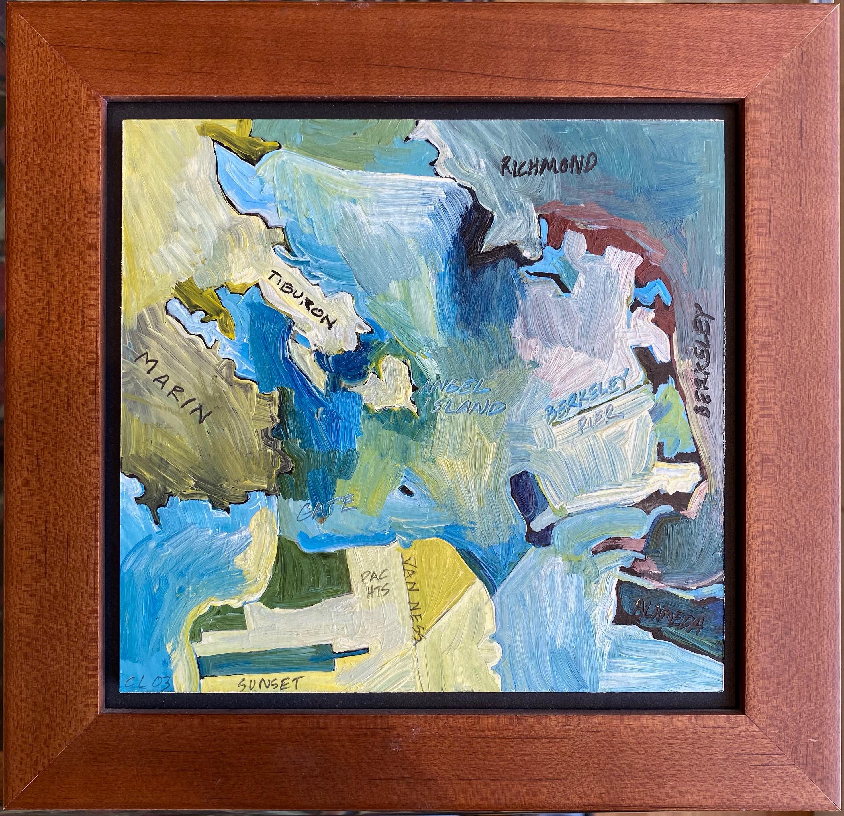 A small 2003 expressionist oil painting on board depicting the San Francisco Bay Area by Los Angeles-based artist Chase Langford, titled 