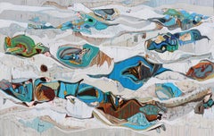 „Sea Fair“ abstrakte Sedimentlandschaft, Ölgemälde in Grau und Blau