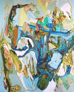 "Amalfi 3" abstract oil painting in shades of blue, green, and yellow