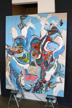 "Amalfi 4" abstract oil painting in shades of blue, green, red and white