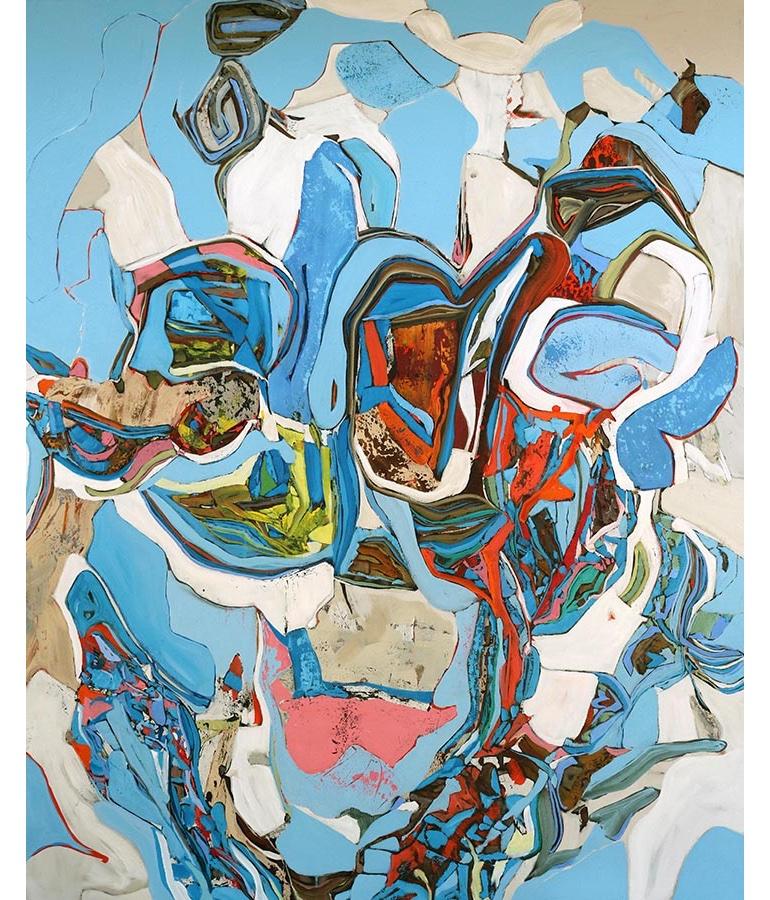"Amalfi 4" peinture à l'huile abstraite dans des tons de bleu, vert, rouge et blanc