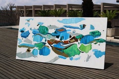 "Aquatic 1", Abstract oil painting in blue, turquoise, green, white and red