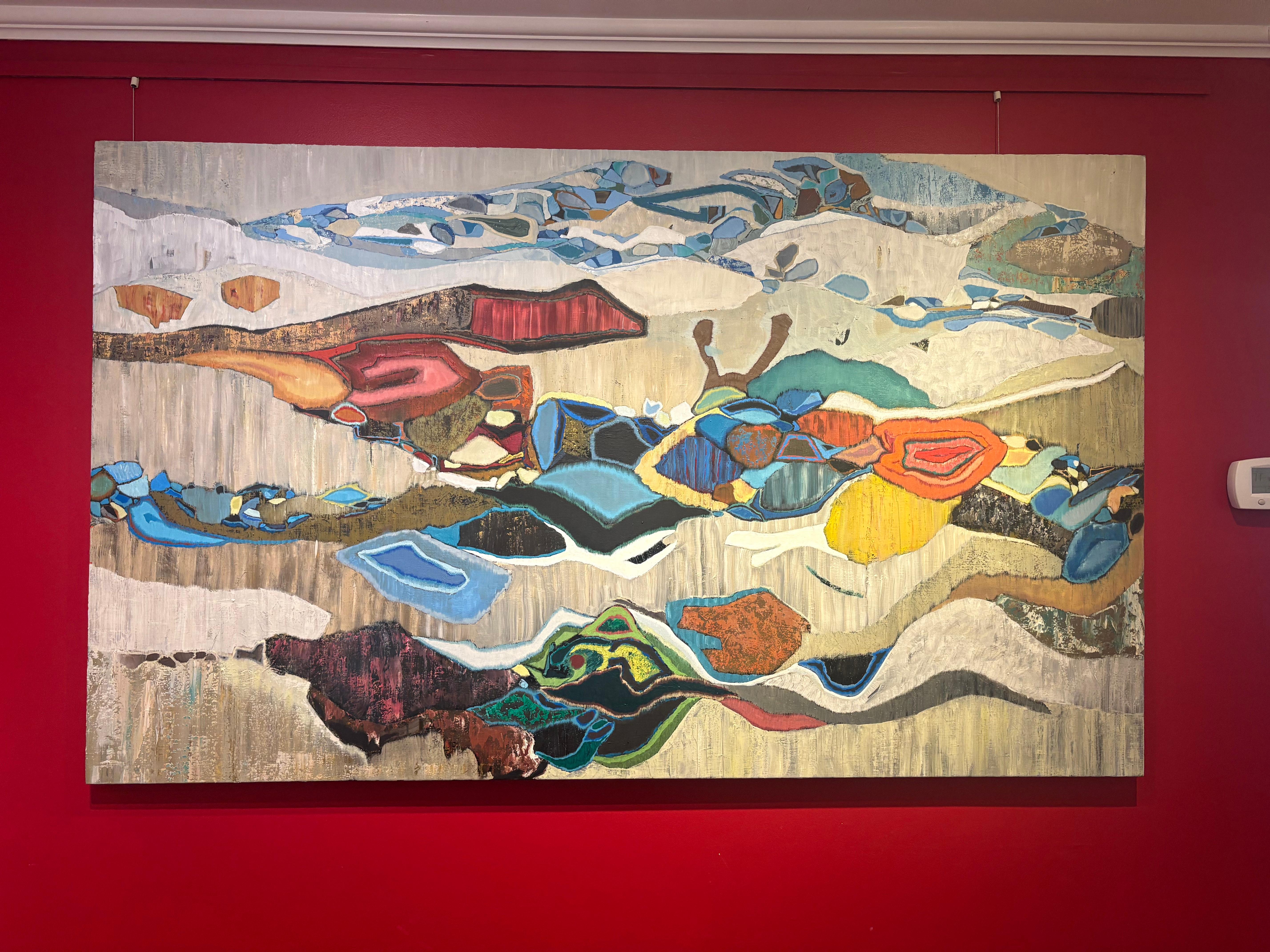 „Avalon Bay“ farbenfrohes, fließendes, abstraktes Ölgemälde in Blau, Grün, Rot (Abstrakt), Painting, von Chase Langford