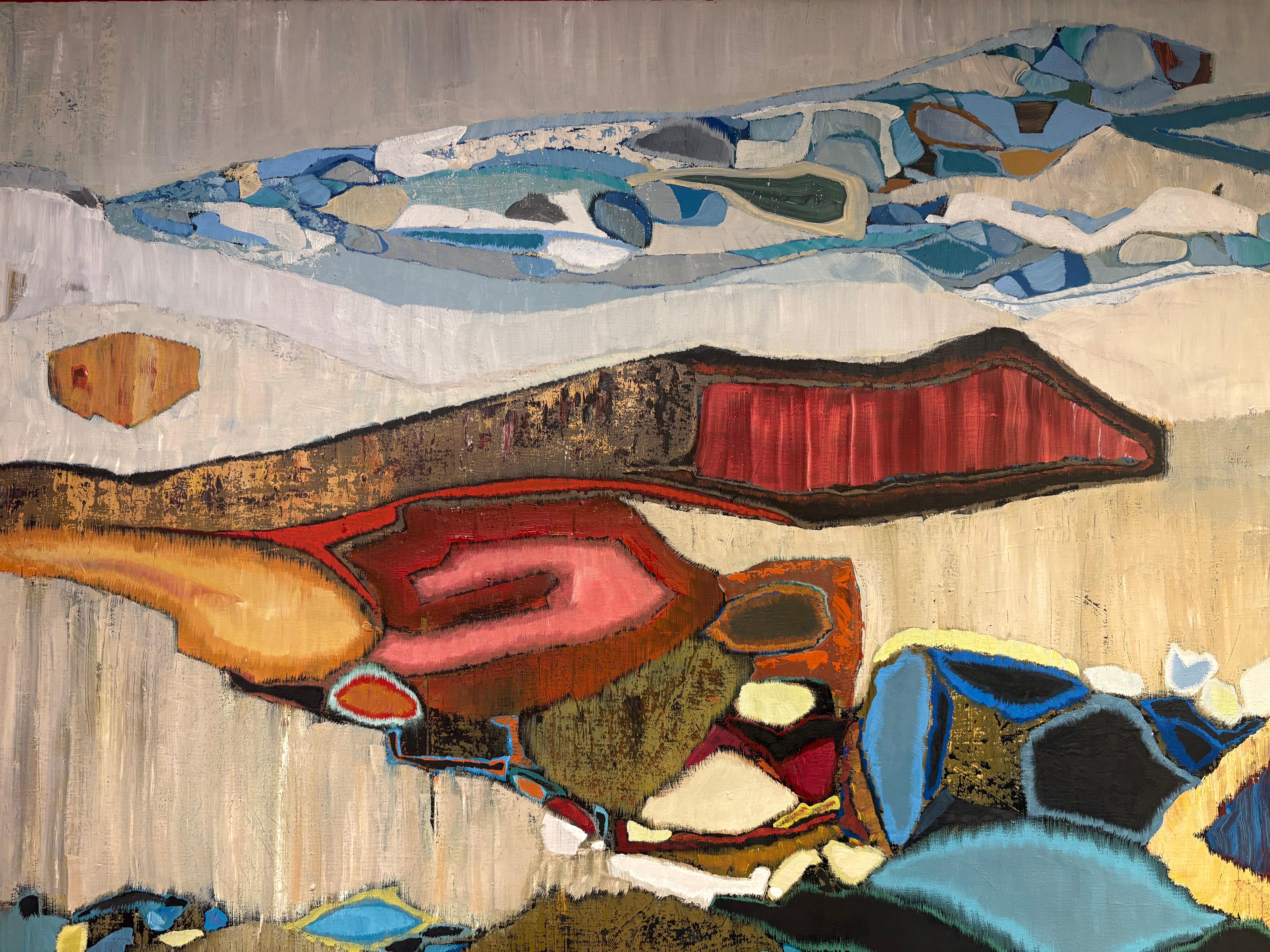 „Avalon Bay“ farbenfrohes, fließendes, abstraktes Ölgemälde in Blau, Grün, Rot (Grau), Abstract Painting, von Chase Langford
