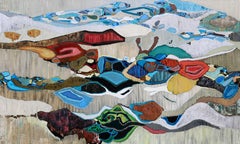 "Avalon Bay", pittura ad olio astratta colorata e fluida, blu, verde, rossa