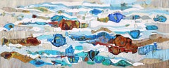 "Catalina Chanel 14" abstract oil painting in blues, reds, greens, and gray