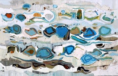 "Catalina Channel 6" Large Scale Abstract Oil Painting with Blues and Neutrals