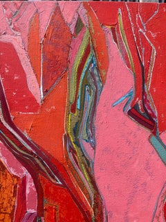 "Elephant Walk 3" vibrant pink, red, and orange painting with geometric lines