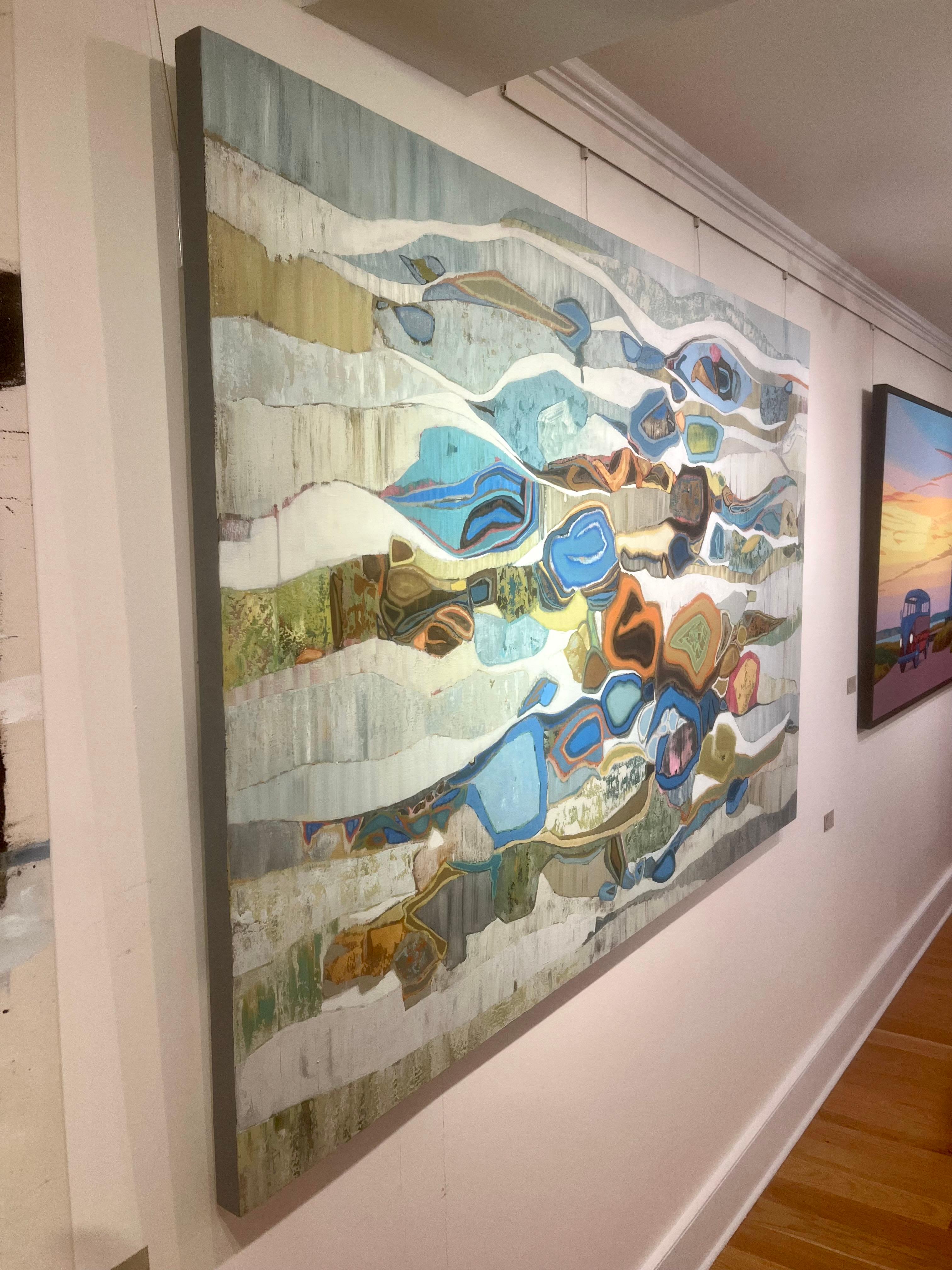 « Emerald Bay 48 », peinture à l'huile abstraite grise, bleue, verte, orange - Abstrait Painting par Chase Langford