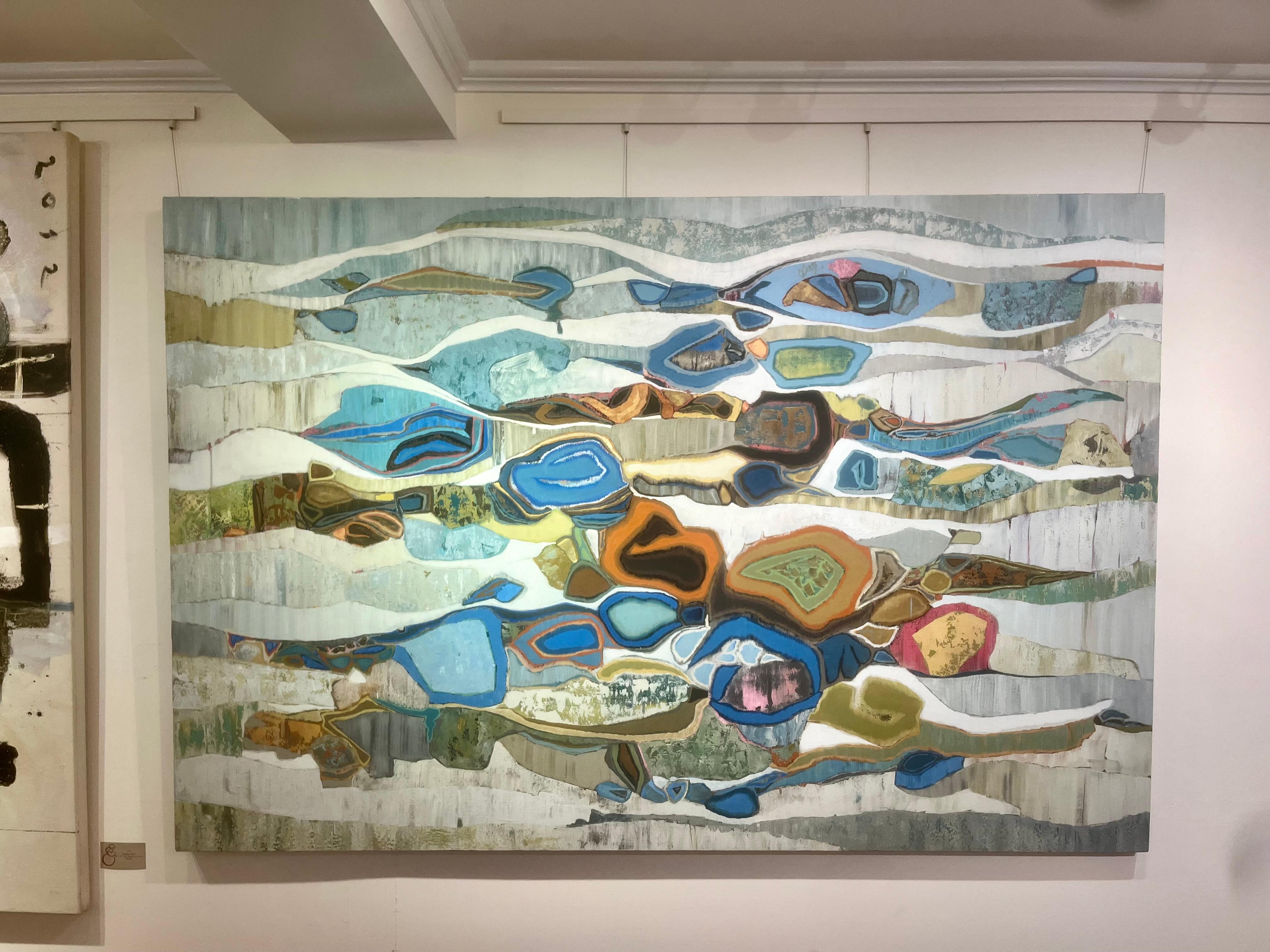 « Emerald Bay 48 », peinture à l'huile abstraite grise, bleue, verte, orange - Painting de Chase Langford