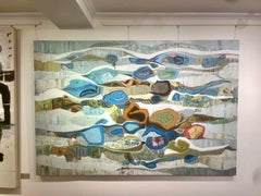 "Emerald Bay 48" abstract flowing oil painting with gray, blue, green, orange