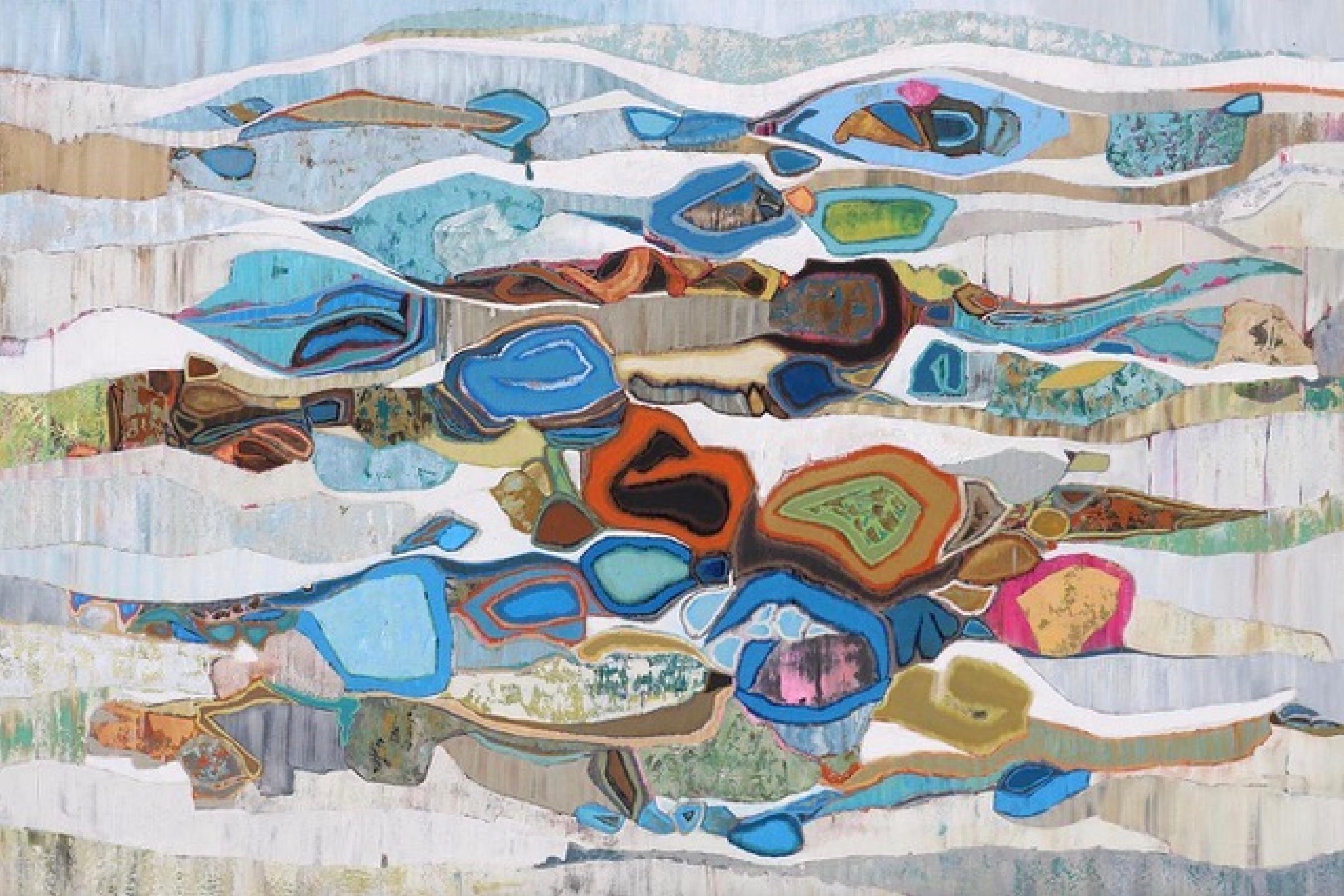 Abstract Painting di Chase Langford - "Emerald Bay 48" pittura ad olio astratta e fluida con grigio, blu, verde, arancione