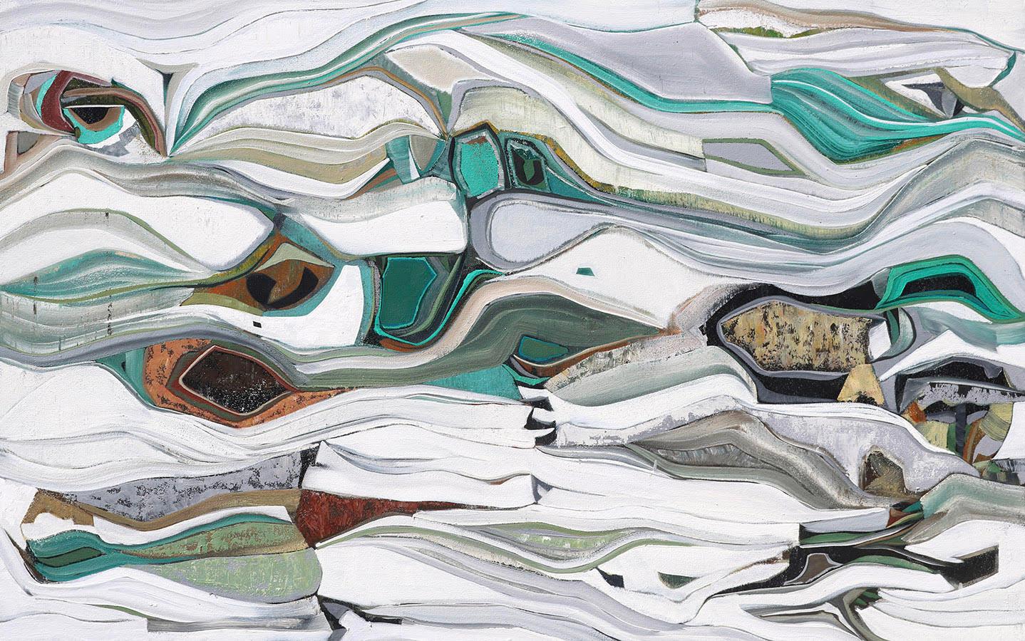 Chase Langford Abstract Painting - "Emerald Pass" abstract horizontal oil painting with turquoise, and gray shapes