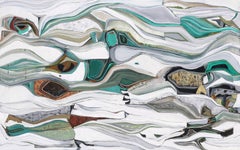 Peinture à l'huile abstraite horizontale « Emerald Pass » avec des formes grises et turquoises