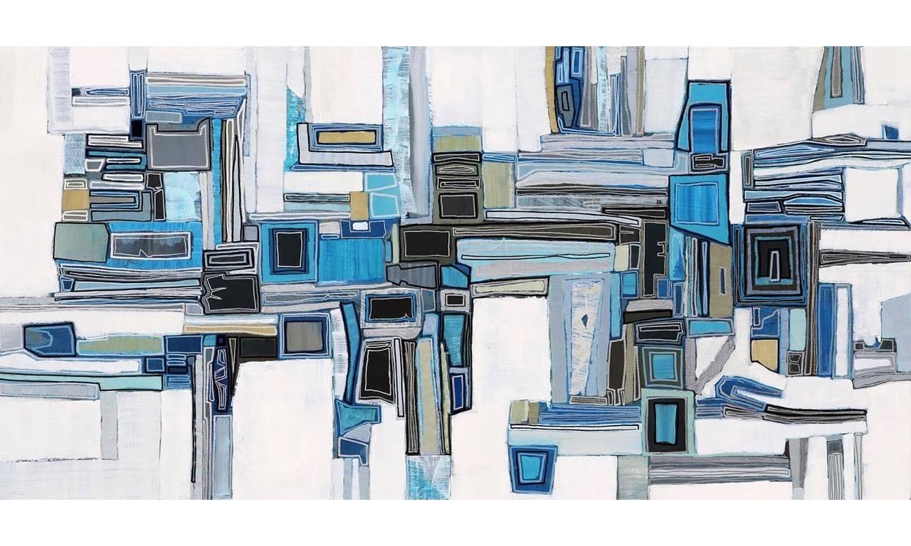 Chase Langford Abstract Painting - "Essex 36" geometric abstract oil painting in blue, white and greys