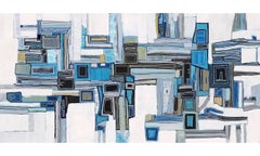 "Essex 36" geometric abstract oil painting in blue, white and greys