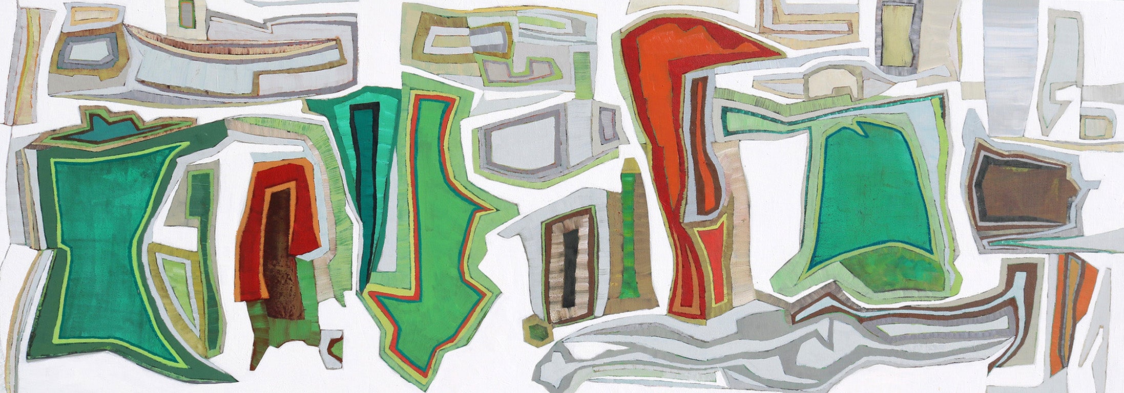 Chase Langford Abstract Painting – "Harrison 2" geometrisch abstrakt in Weiß, Grau, Grün und Rot