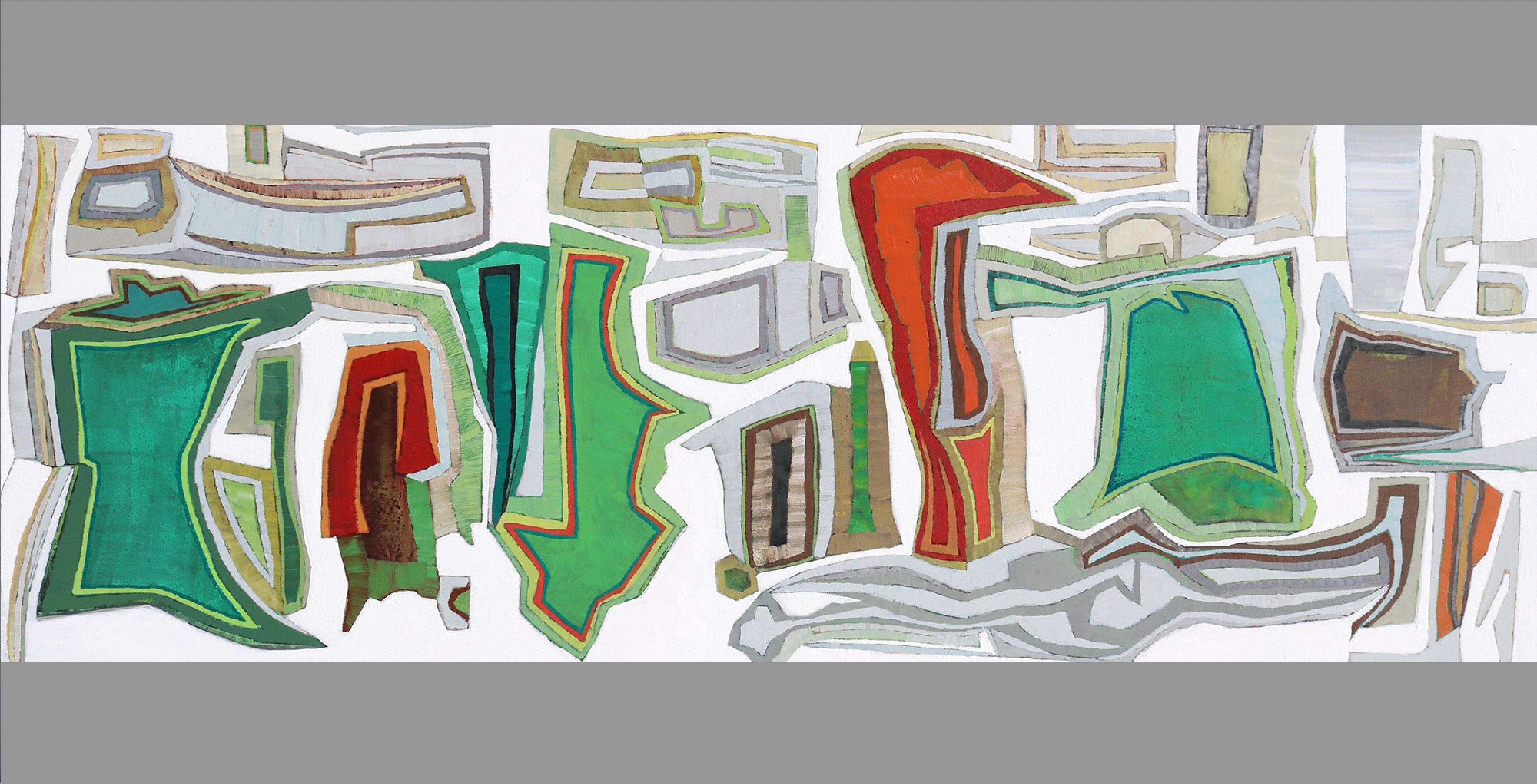 Chase Langford Abstract Painting - "Harrison 2" geometric abstract of white, grey, green and red