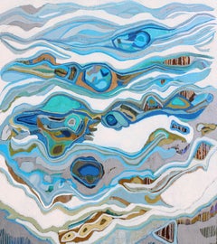 "Liquid Morphic" Abstract oil painting in blues, white and gold