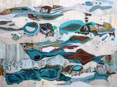 Peinture à l'huile abstraite « Marine Ridge » en blanc:: rouge gris et turquoise