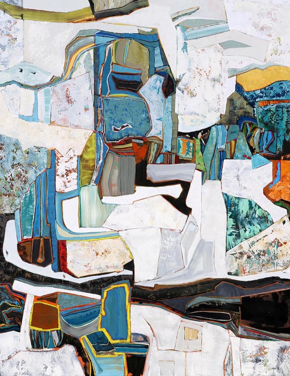 Chase Langford Abstract Painting – "Positano", eine lebendige horizontale Ansicht von überwiegend weißem Sediment mit blauem Untergrund