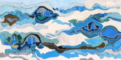 "Santa Barbara Channel" abstract oil painting in vibrant blues and white