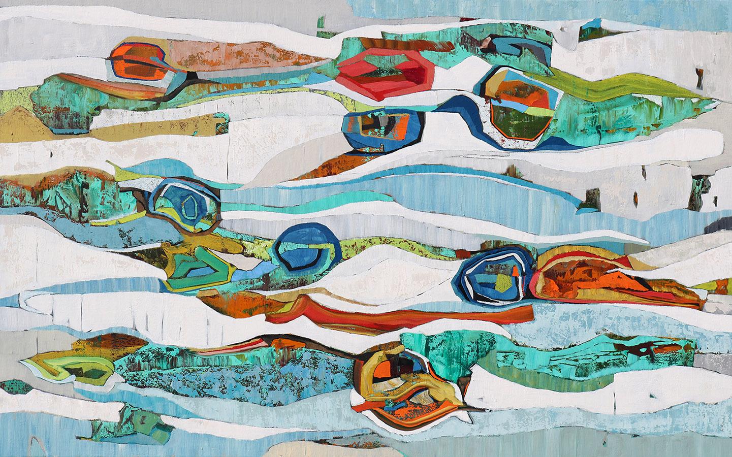 Chase Langford Abstract Painting – Abstraktes Sediment-Landschaftsgemälde „Tanzania 5“, Ölgemälde in ruhigen Blau- und kräftigen Rottönen