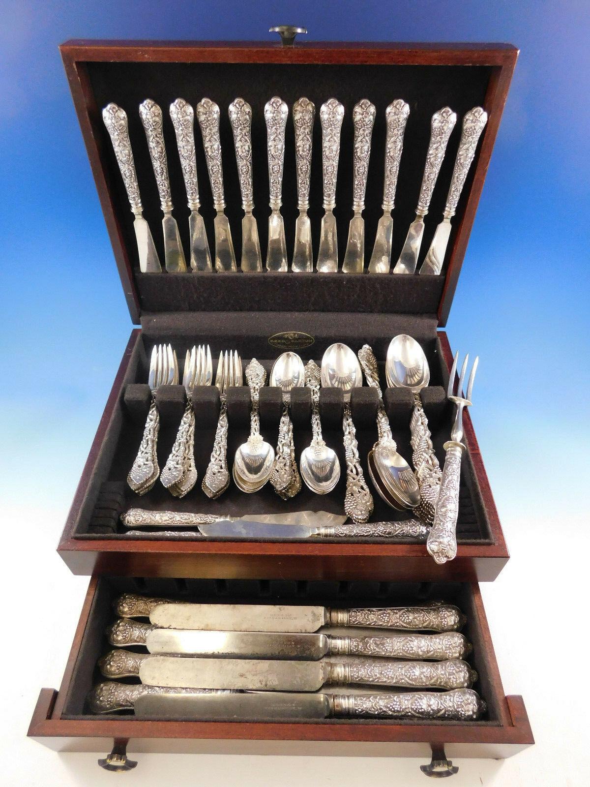 Outstanding chased and pierced vine by Thomas William Dobson (c.1889-1904) Piccadilly, London sterling silver Flatware set, 67 pieces. This pattern features a grape motif with openwork handles in the shape of entwined grape vines, leaves, and