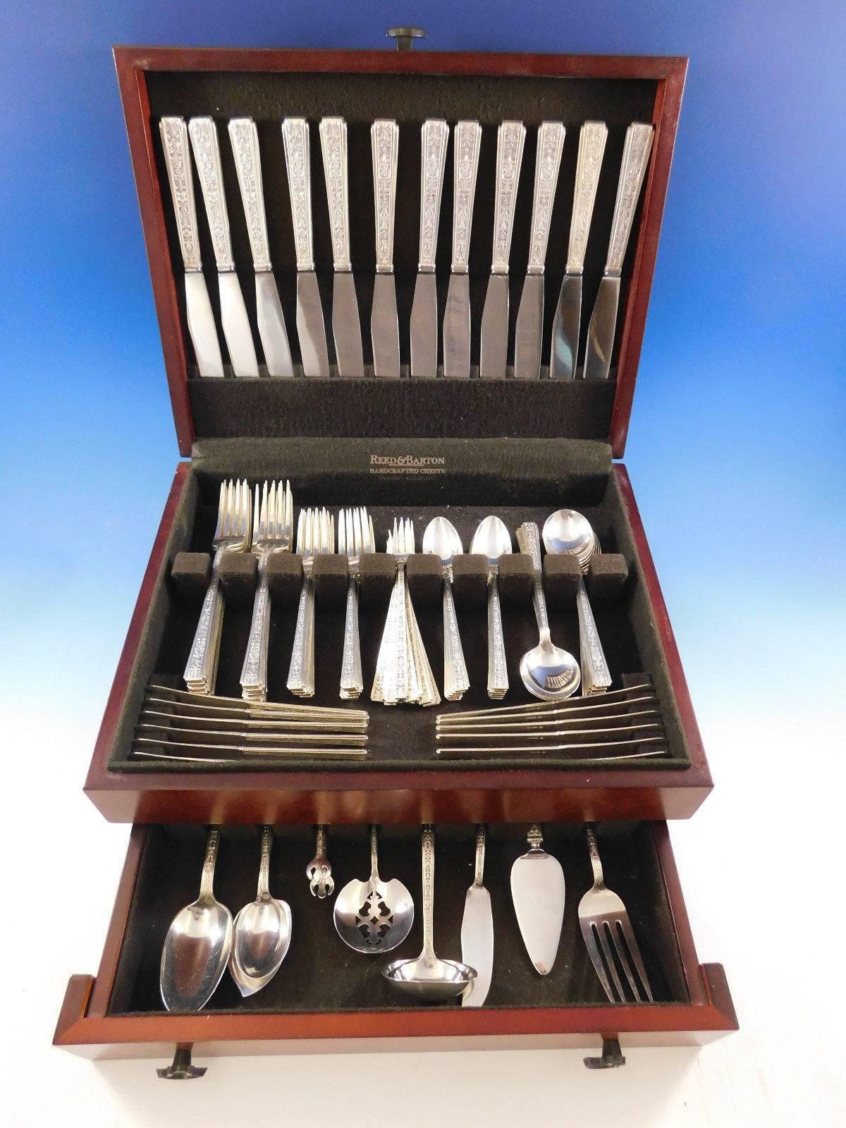 Dinner size chased classic by Lunt sterling silver flatware set, 94 pieces. This set includes: 

12 dinner size knives, 9 1/2