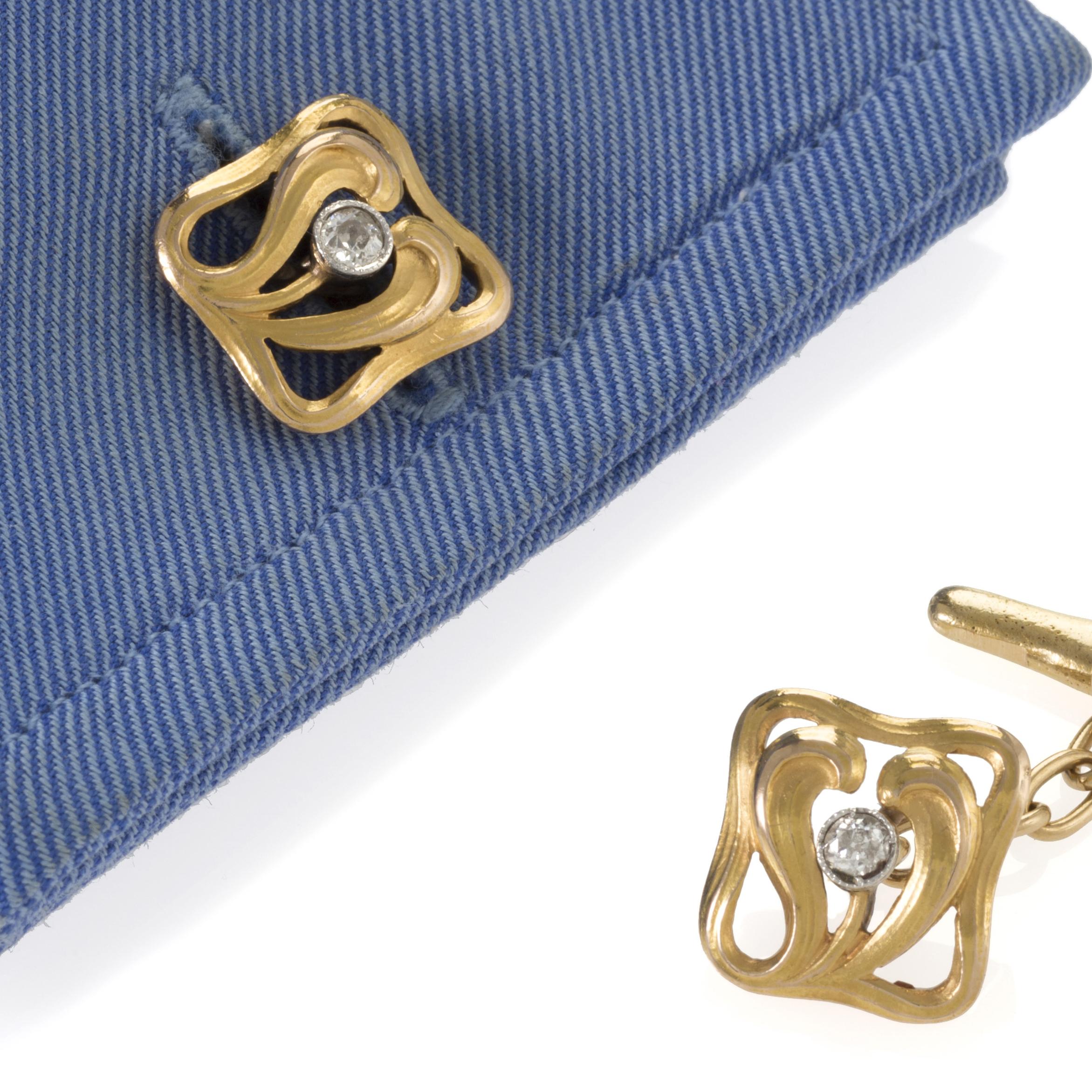 Art Nouveau Chased Gold and Diamond Cuff Links For Sale