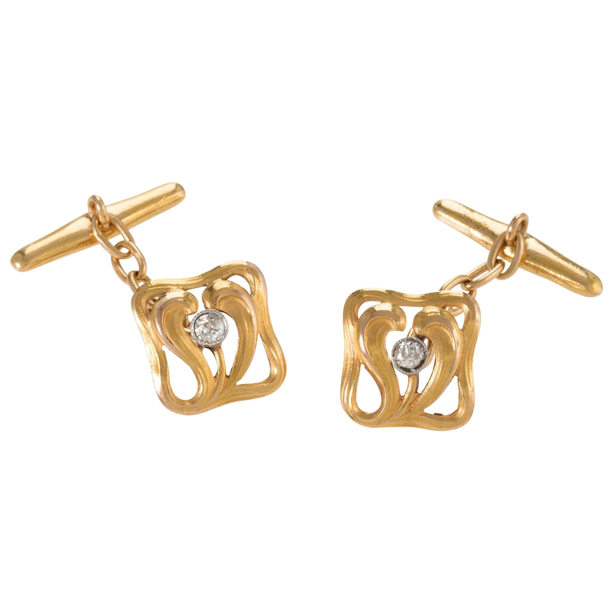 Chased Gold and Diamond Cuff Links