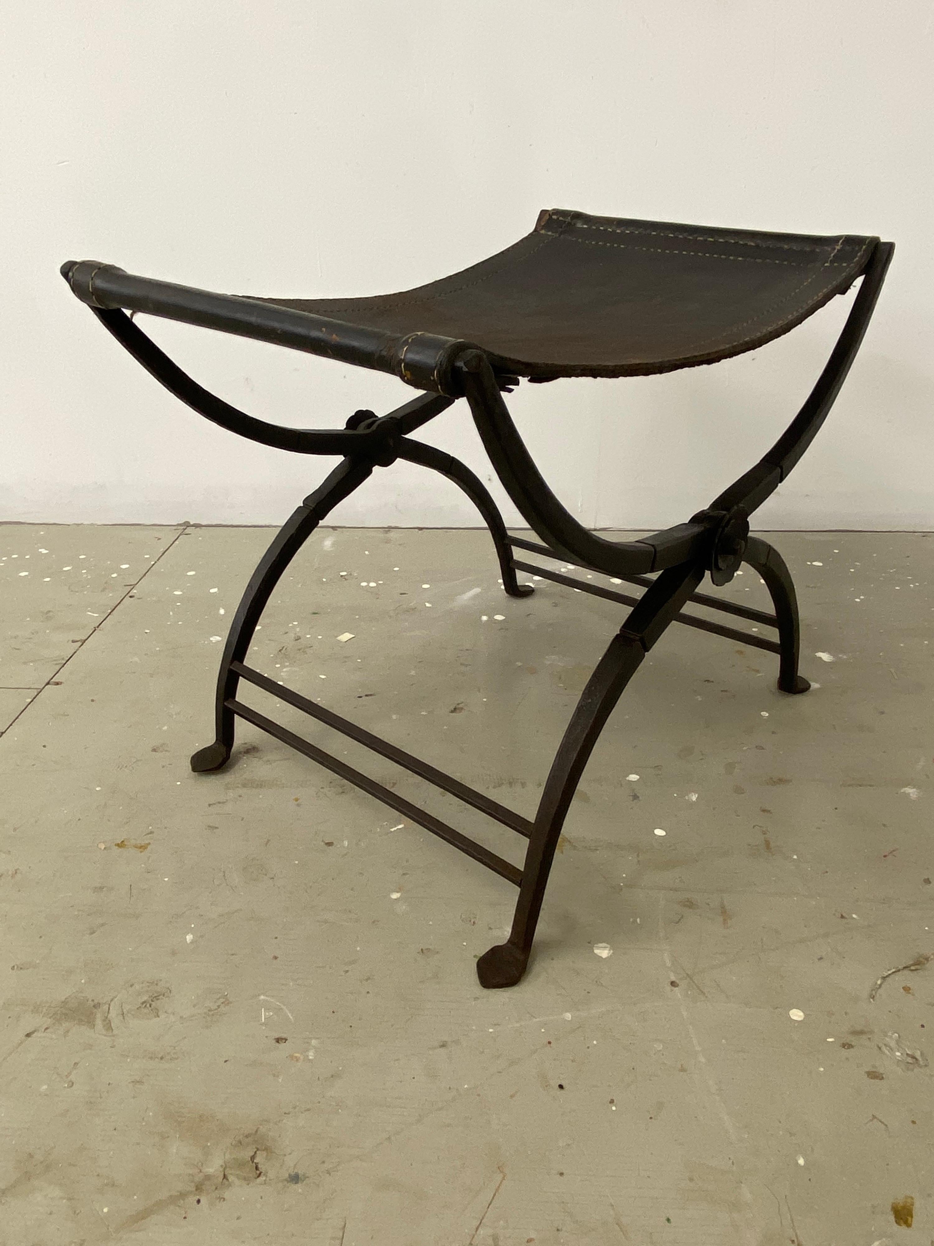 Leather Chased Wrought Iron Folding Curule Bench