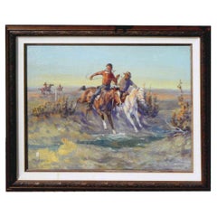 Vintage "Chasing the Blackfeet" Original Oil Painting by Ace Powell