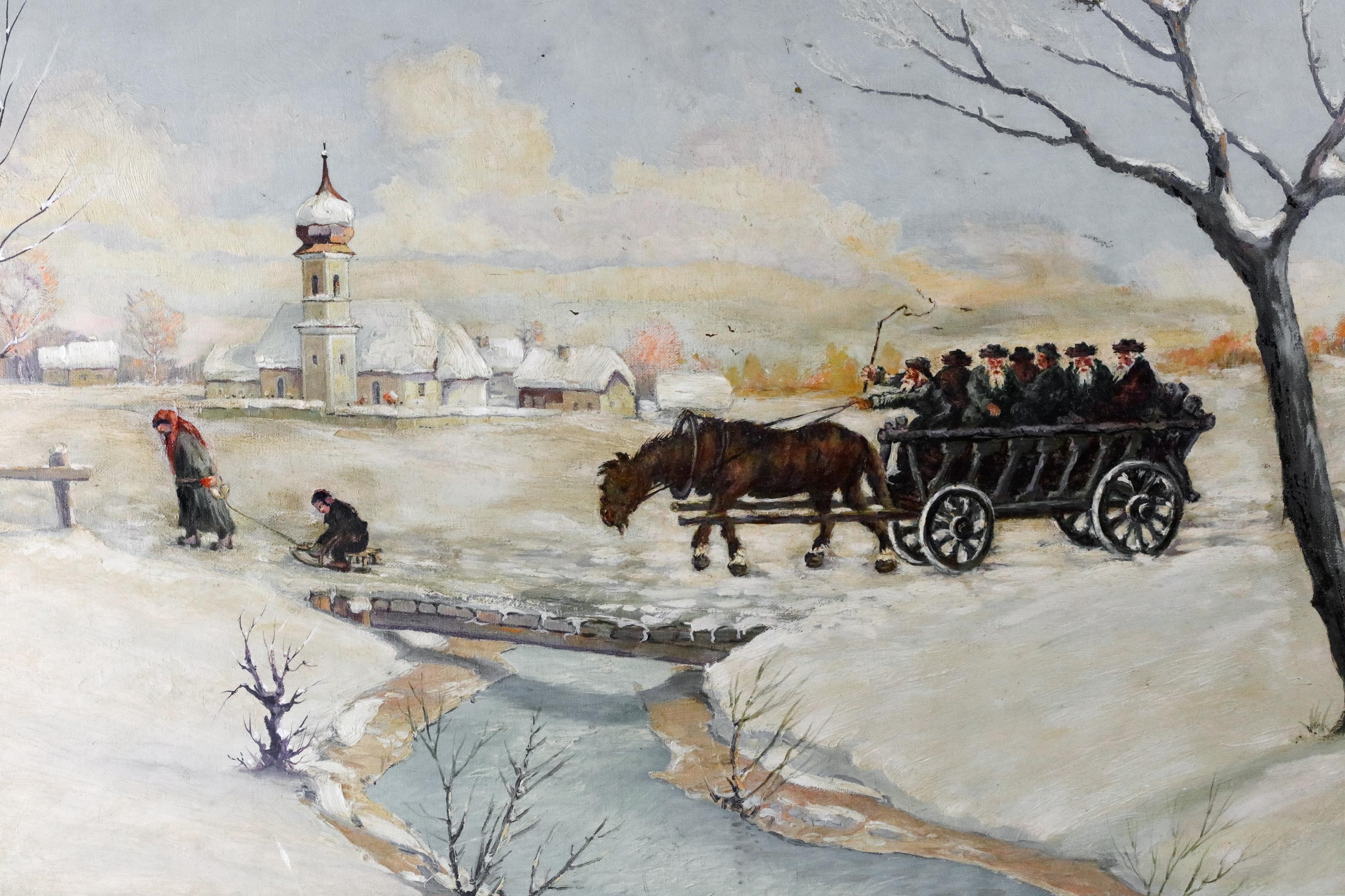 Chassidim in winter landscape.
Oil on canvas. Framed. Measures: 22.5 x 35 inches.
20th century.