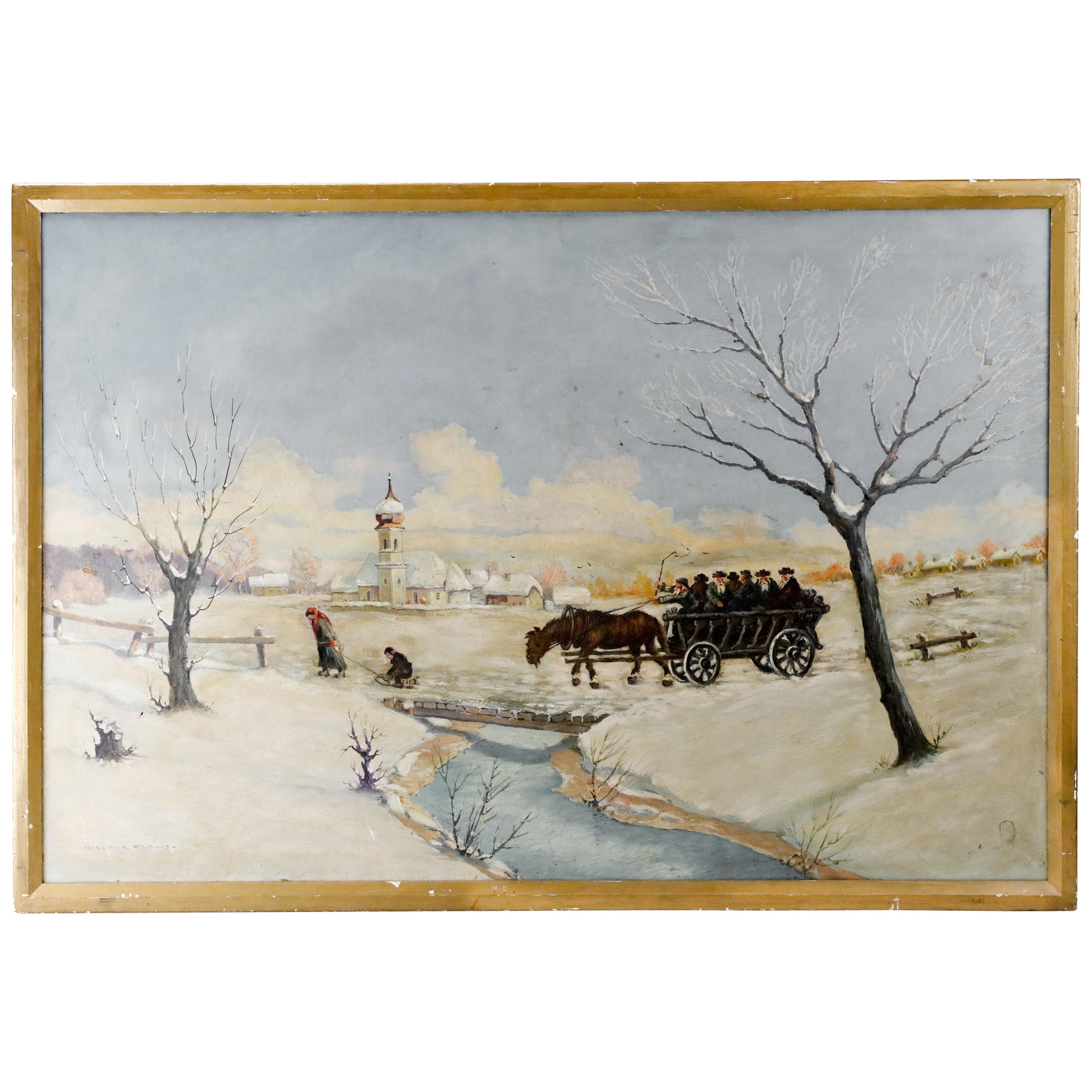 Chassidim in the Winter Landscape, Oil Painting by Kraus Walter