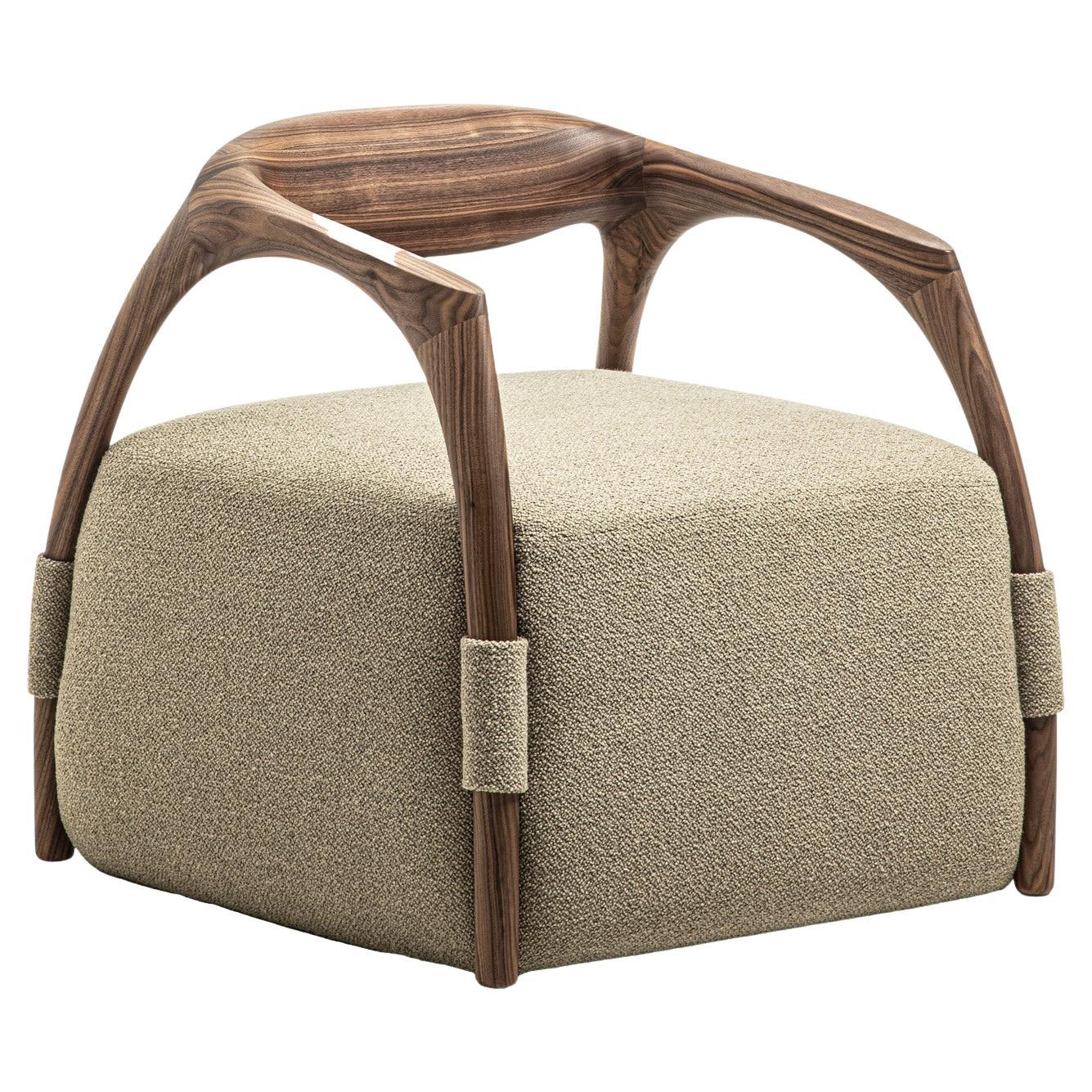 Chassis Canaletto Walnut Solid Wood Armchair & Fabric Upholstery by Durame For Sale