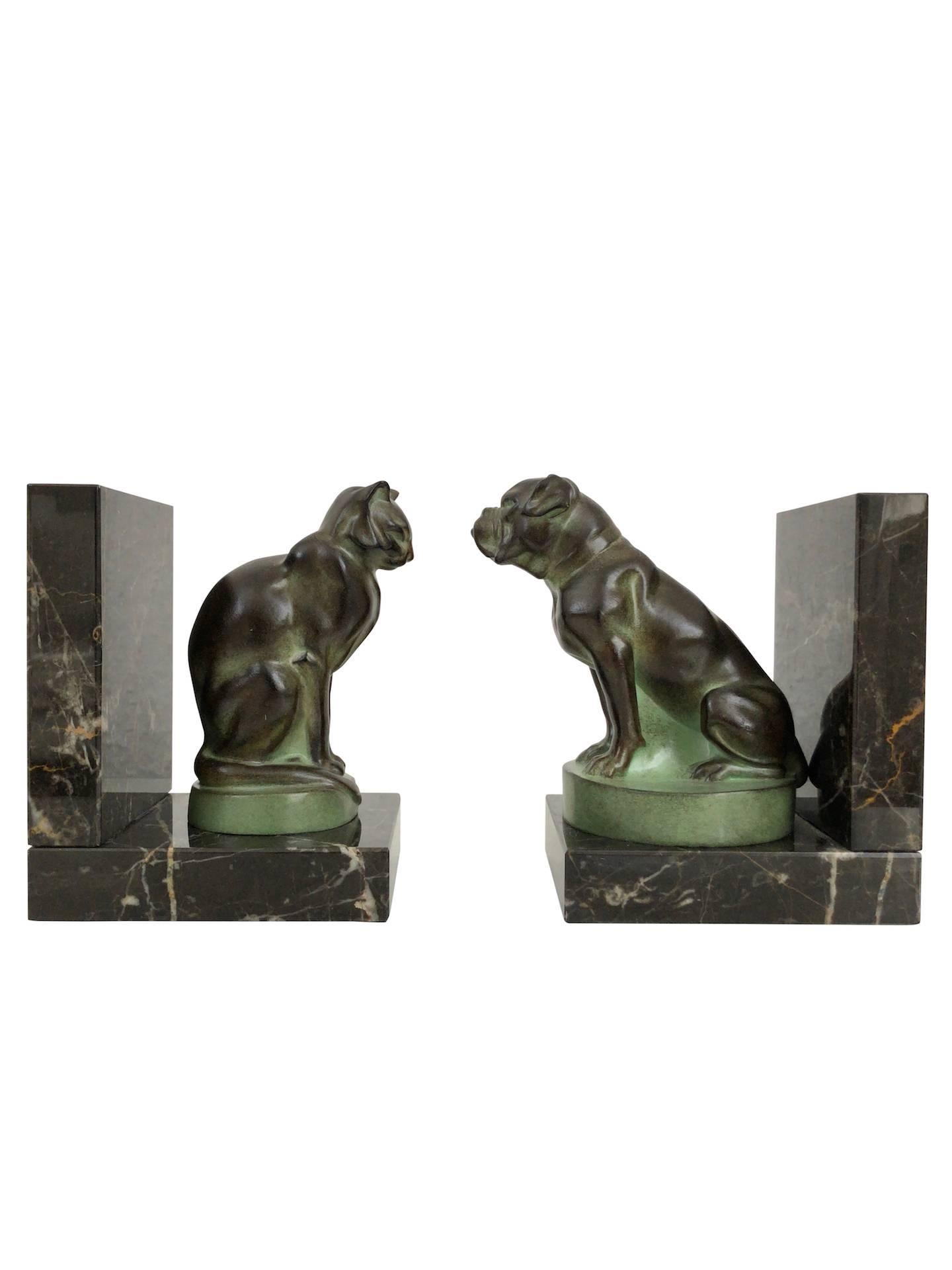 French Chat et Dogue Art Deco Bookends of a Cat and a Dog from Max Le Verrier