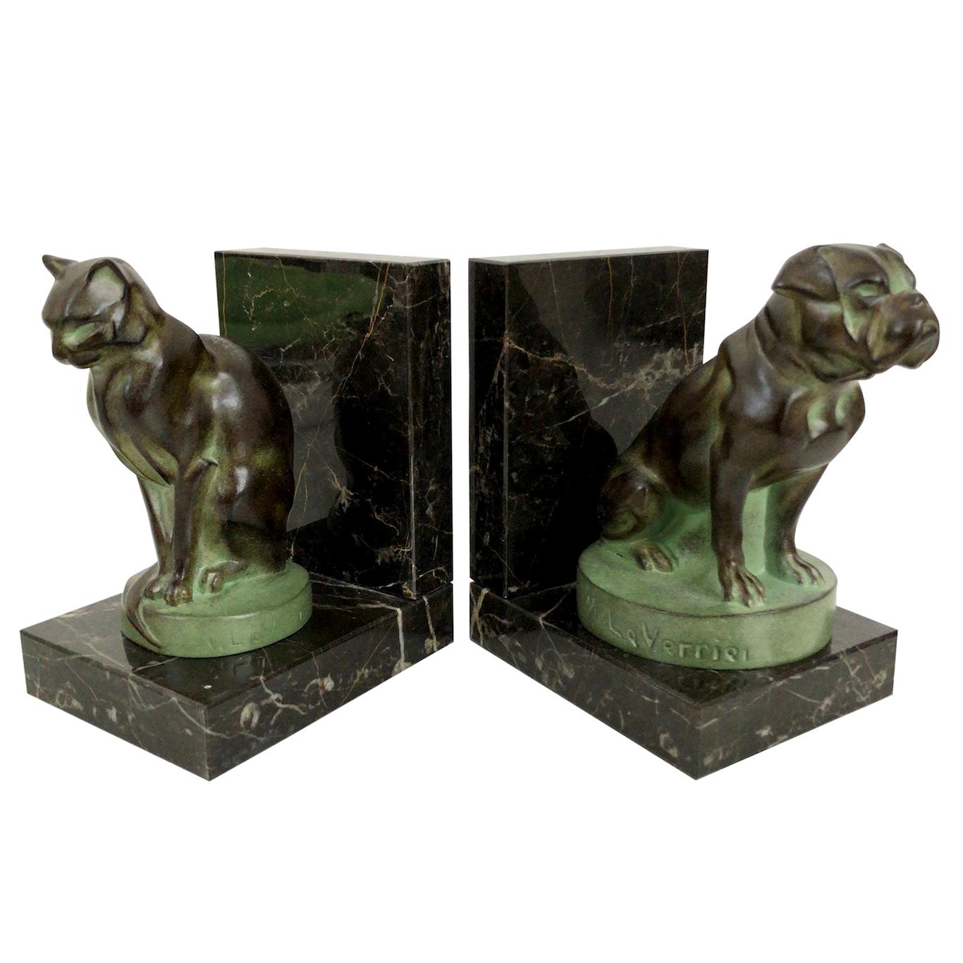Chat et Dogue Art Deco Bookends of a Cat and a Dog from Max Le Verrier