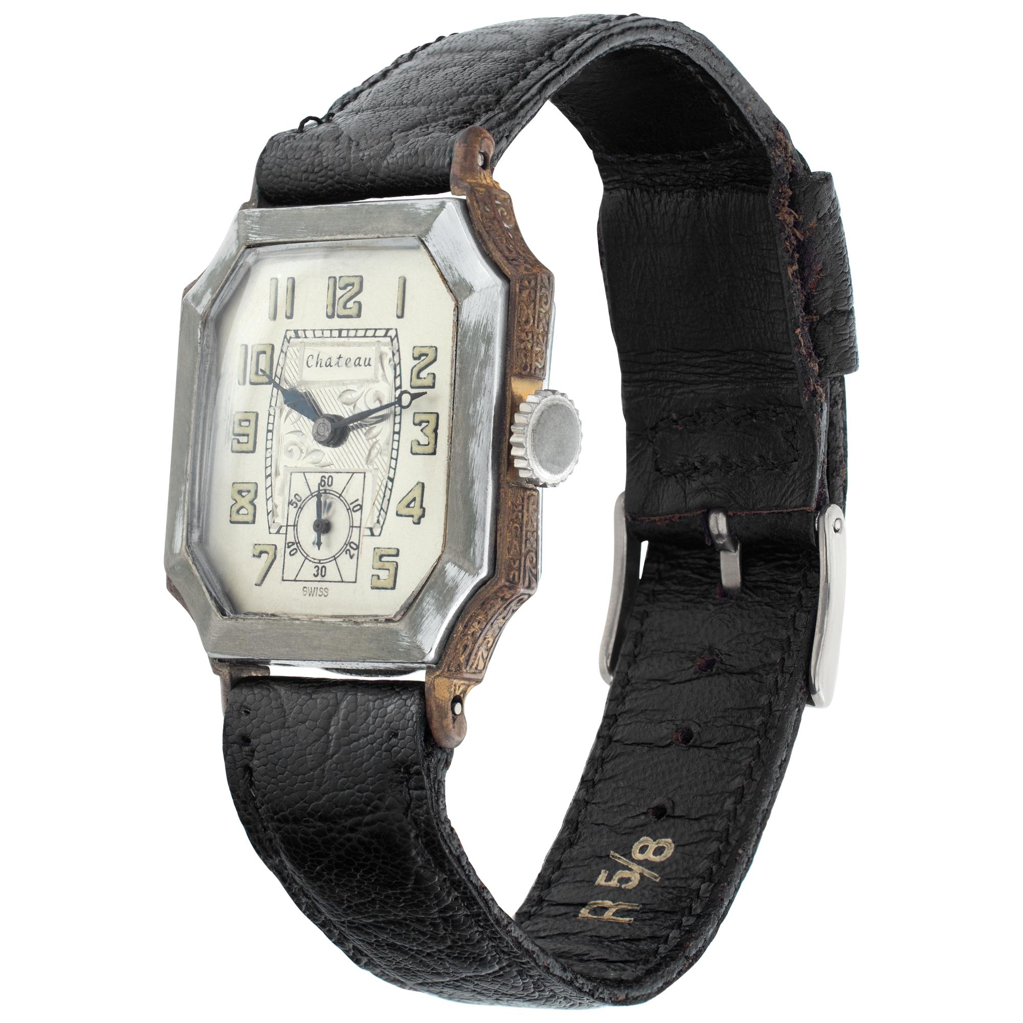 Vintage Chateau watch stainless steel case, stainless steel bezel on leather band. Manual w/  Subsidary Seconds. Certified pre-owned. Circa 1950s. Fine Pre-owned Chateau Watch. Certified preowned Vintage Chateau watch is made out of Stainless steel