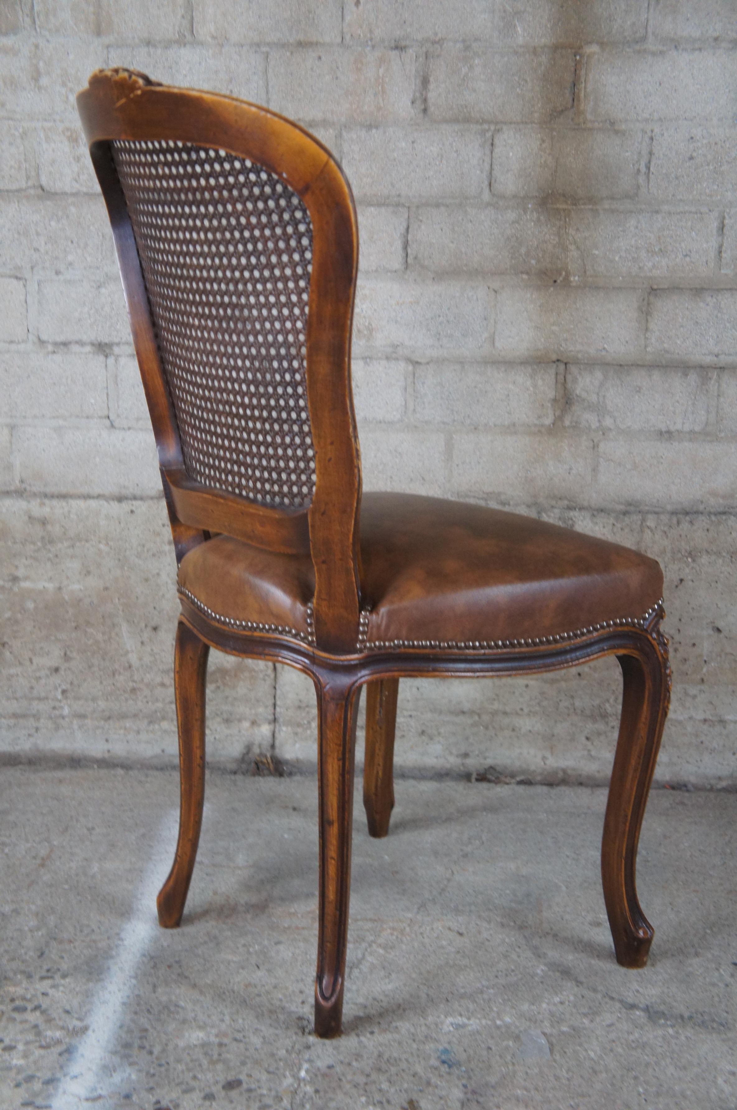 20th Century Chateau D'AX French Louis XV Caned Leather Nailhead Side Dining Chair Italian