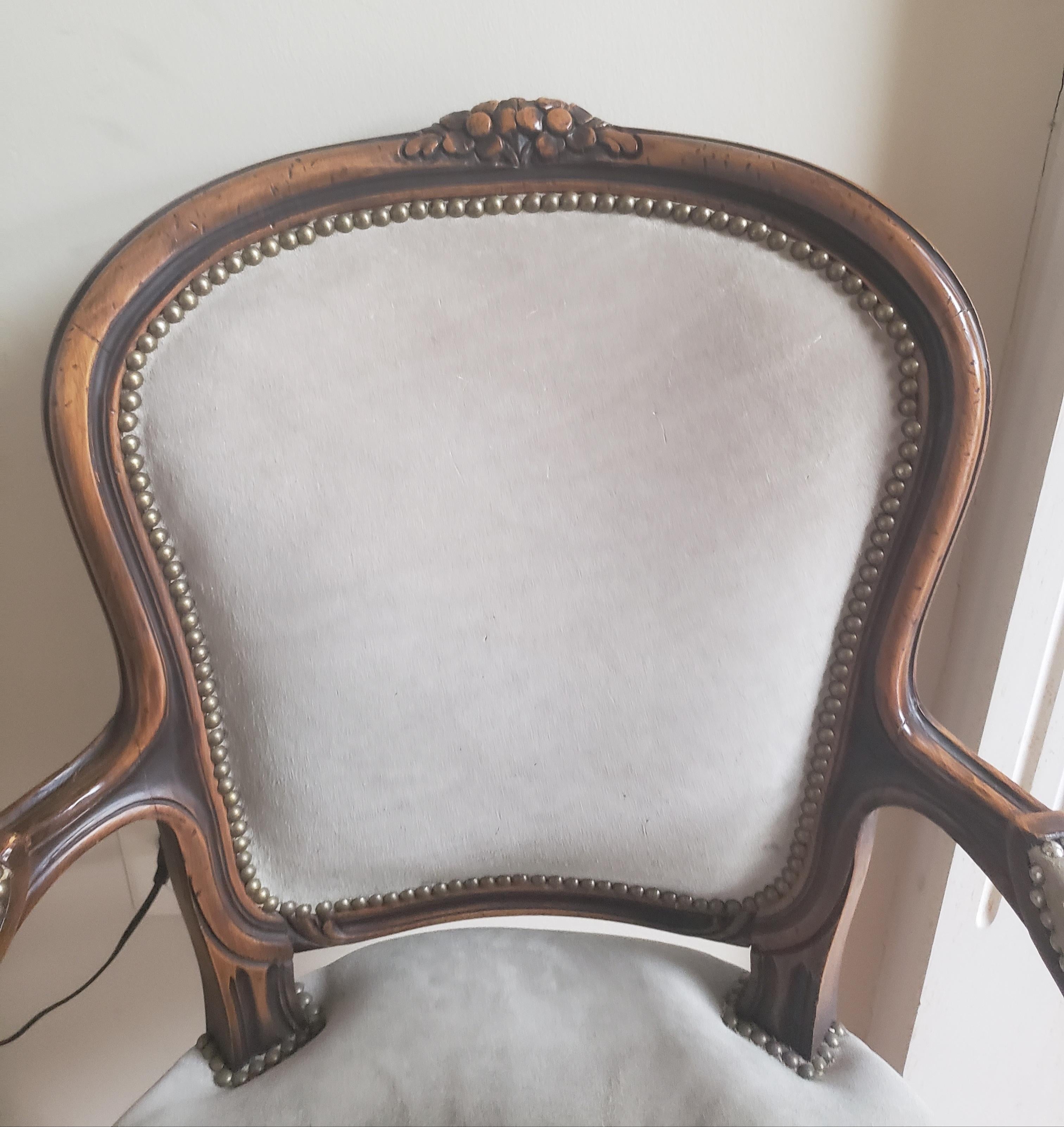 Chateau d'Ax French Louis XV Suede Leather with Nail Head Arm Chair In Good Condition In Germantown, MD