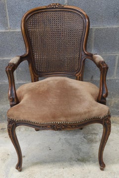 Chateau d'Ax Louis XV Style Walnut Cane Back and Suede Leather Fauteuil