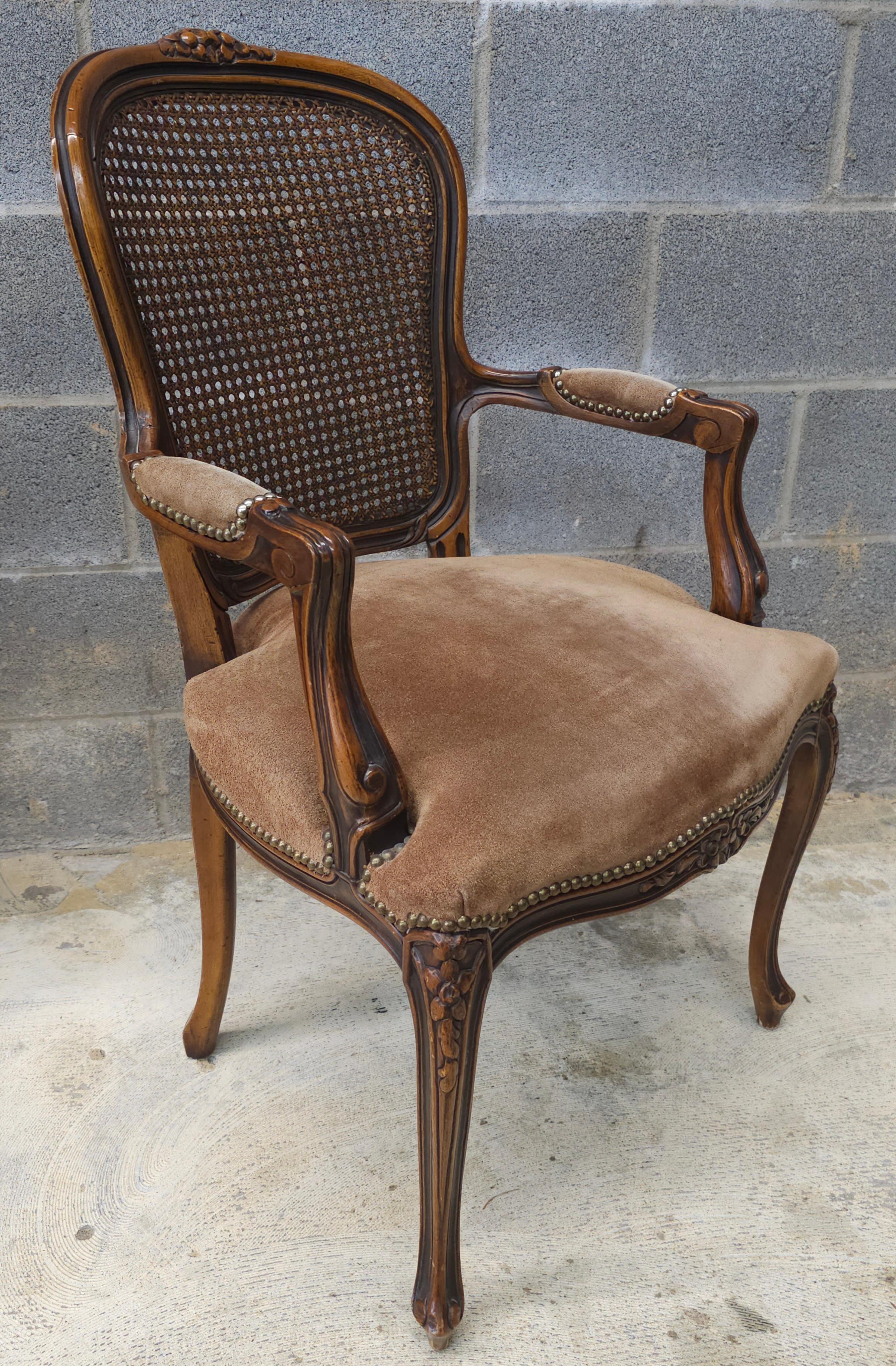 Chateau d'Ax Style Louis XV Fauteuil en noyer, dossier en canne et cuir de daim Bon état - En vente à Germantown, MD