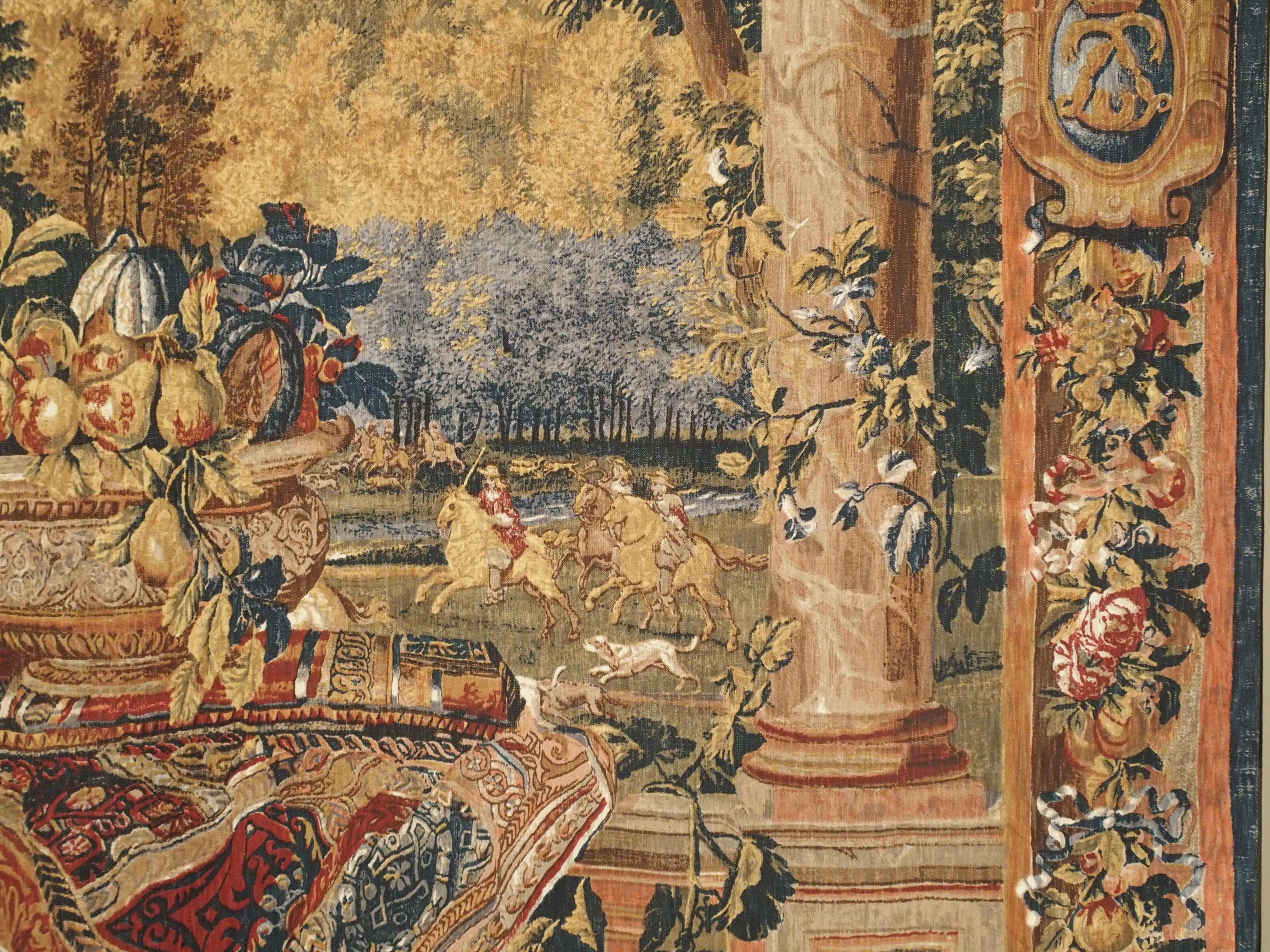 Based on 17th century original. From Italy, formerly Rambouillet. The Royal houses of King Louis XIV (Copy of 1 of 12 originals).

Chateau de Versailles tapestry is from the series of the original tapestries depicting French Royal palaces, and