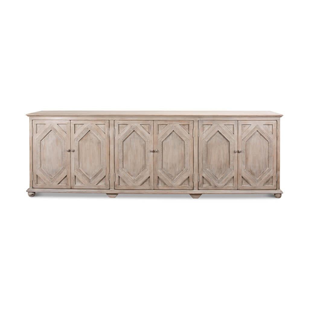 This exquisite sideboard features masterful woodwork, showcasing diamond patterns on each of its doors, adding depth and character to its facade. Perched delicately on charming small bun feet, it offers both stability and a quaint aesthetic detail