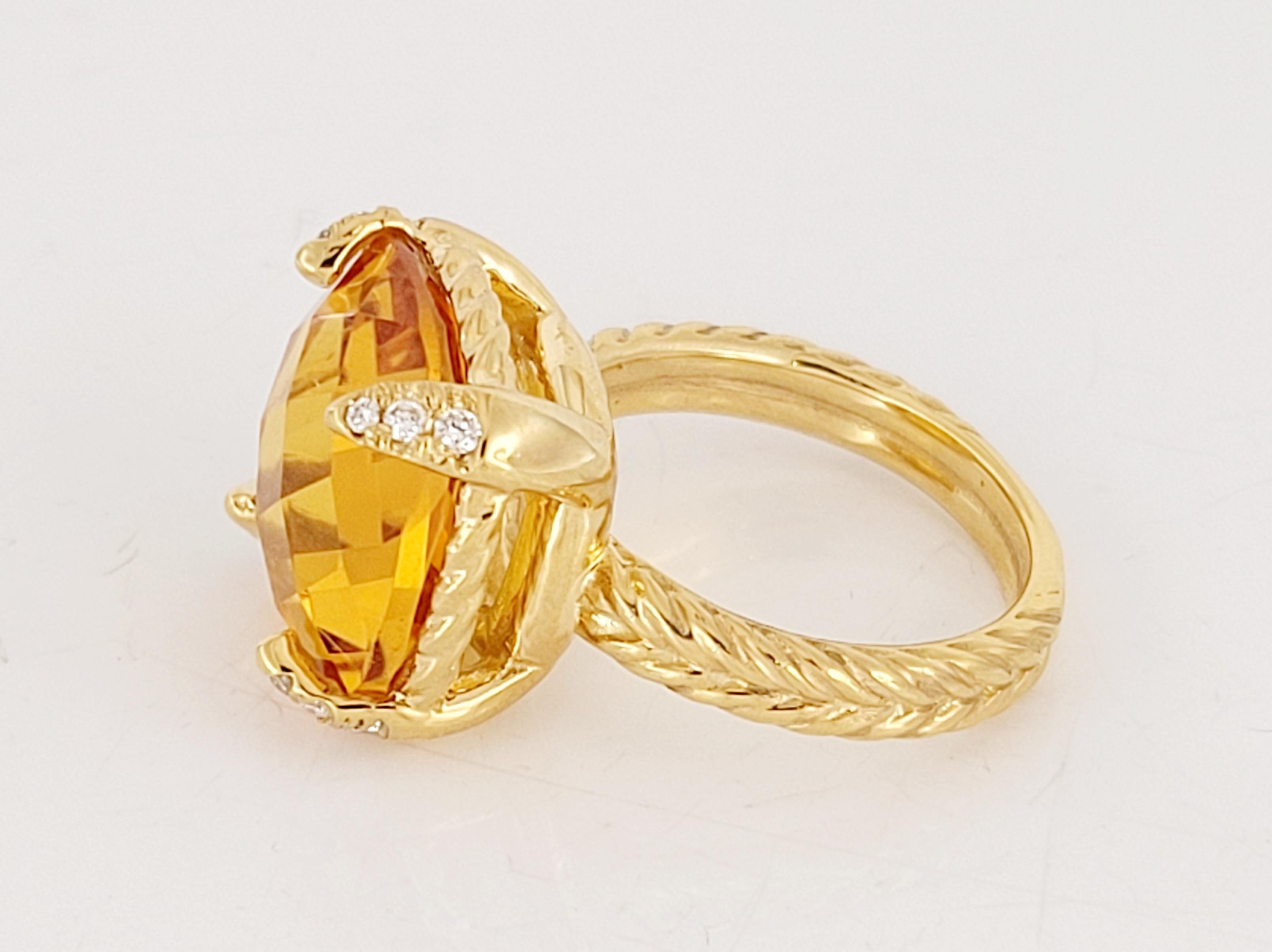 18-karat yellow gold
Citrine, 9.30 total carat weight
Pave-set diamonds, 0.09 total carat weight
Ring, 14mm
Ring Size 6
Condition New, never worn
Comes with David Yurman Ring Box
Retail Price $2,825