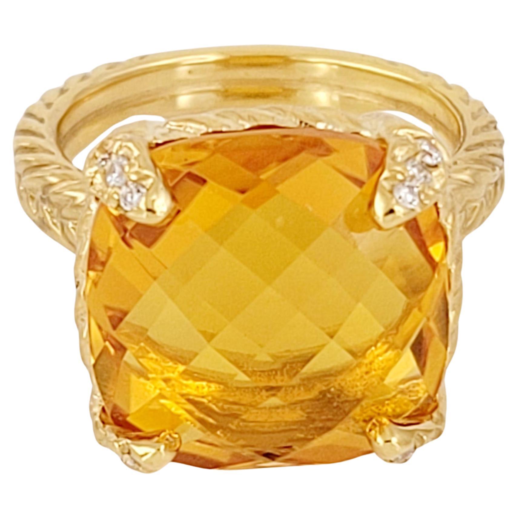 Chatelaine Ring 18K Yellow Gold with Citrine and Diamonds, 14mm For Sale