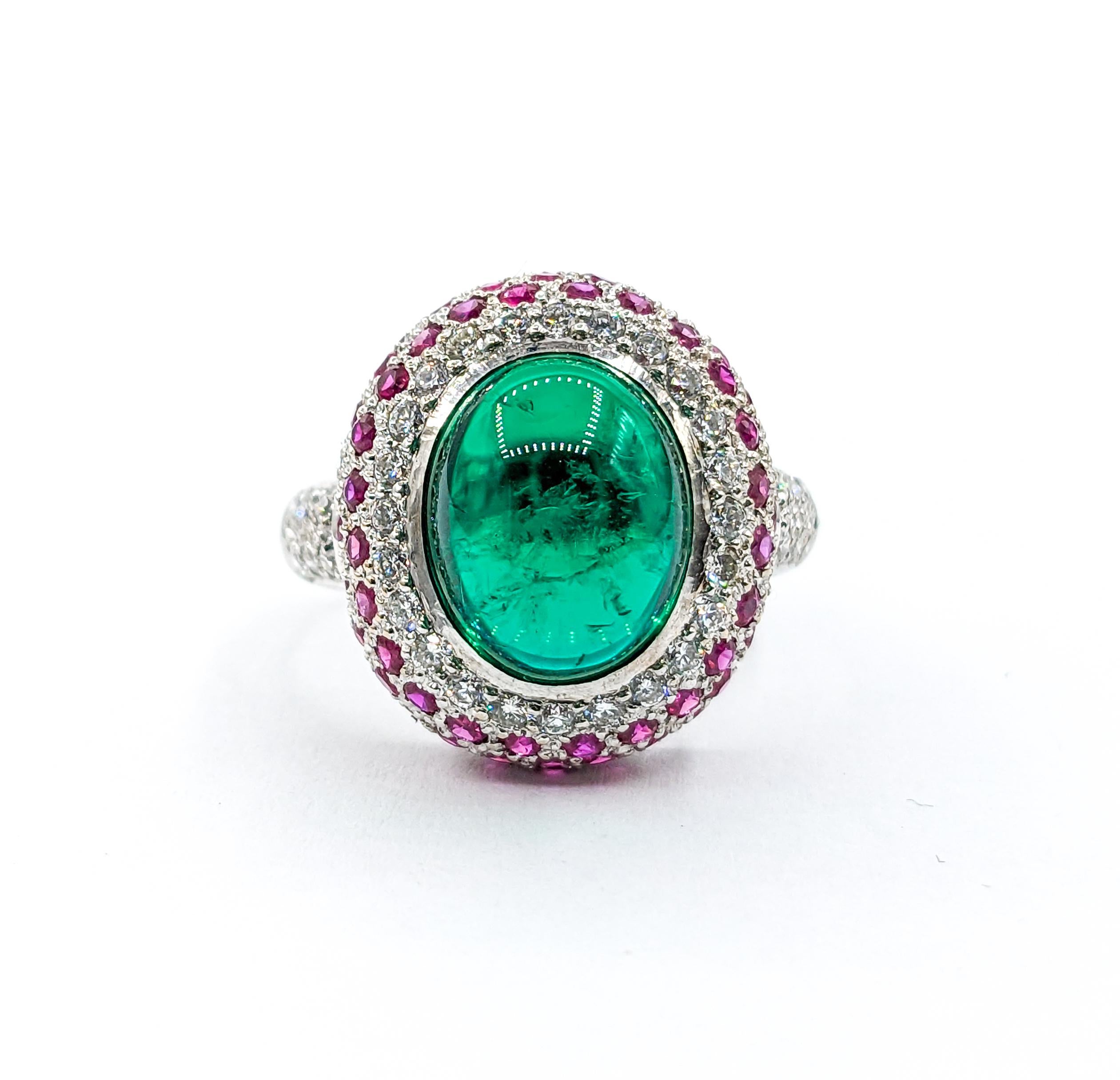 Round Cut Chatham Emerald & Ruby , Diamond Ring In White Gold